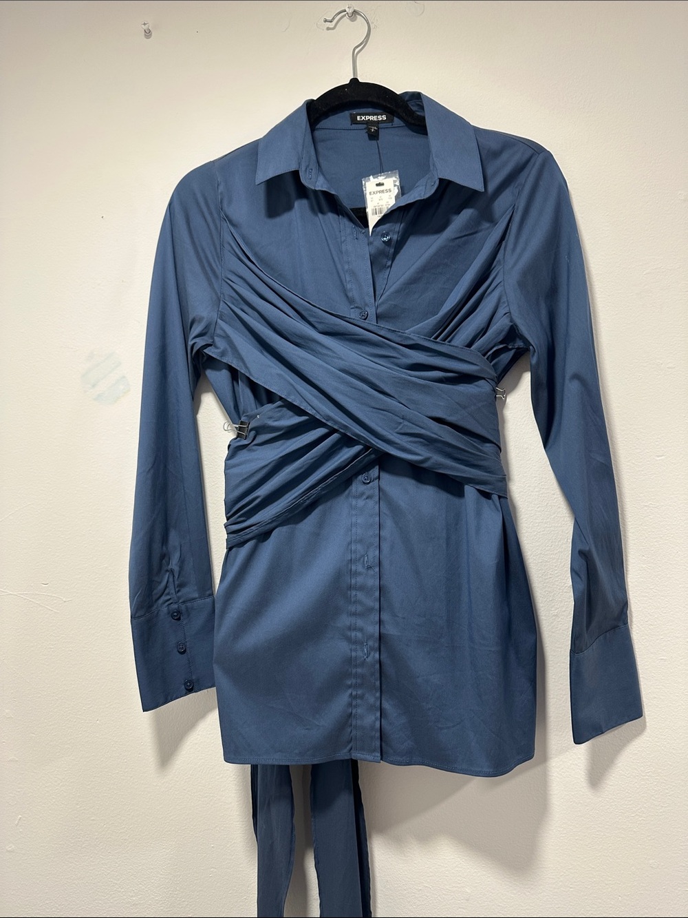 Express Dusty Blue Wrap-Detail Button Down Shirt 105